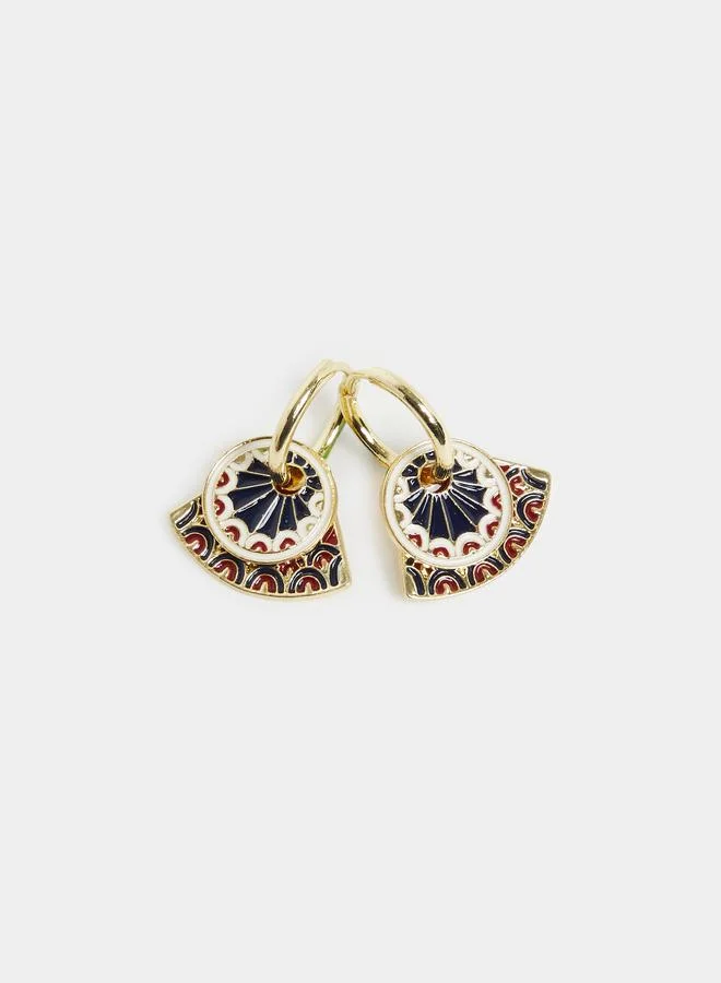 Styli Gold Hoop Earrings with Enamel Fan Design